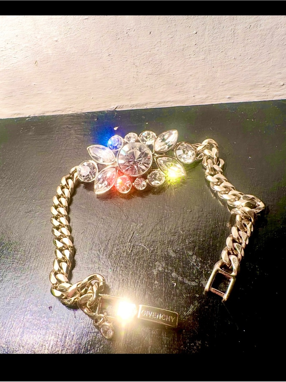 GIVENCHY Swarovski 18k Gold Plated Clear Crystal 1980s Vintage Floral Bracelet